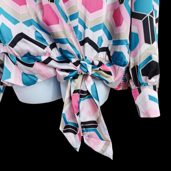 NWT INC Sz XL Geometric Wrap Blouse | Hexagon Print Tie Waist Mod Pop Preppy Top - Picture 6 of 9